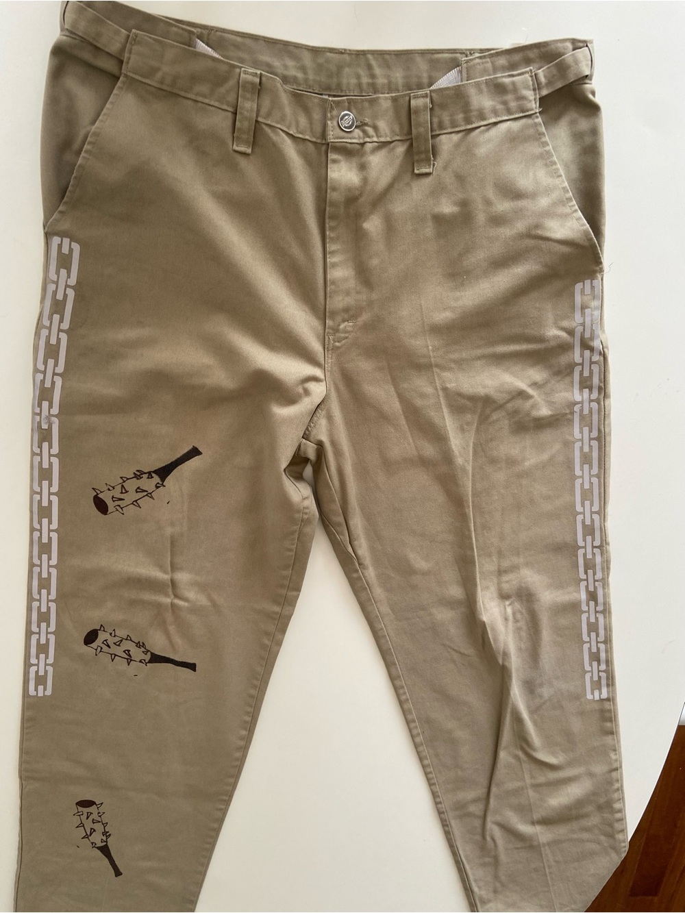 Dickies Tan Chino Pants with Side Chain Print and front & back screen printing